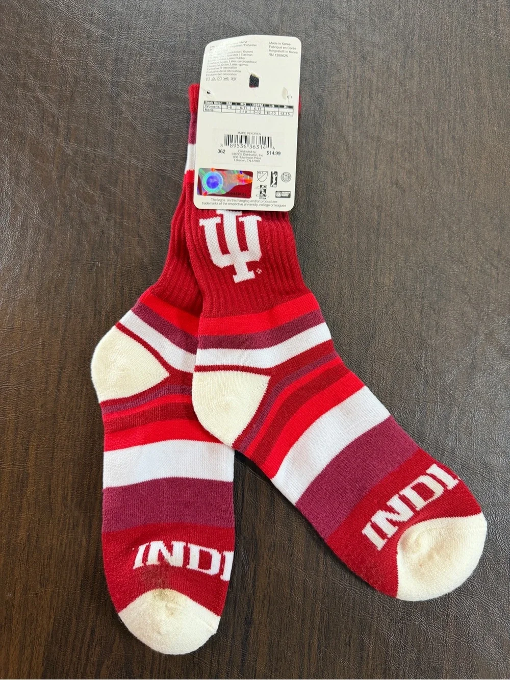 FBF Indiana University Red & White Striped Crew Socks Sz  L NWT